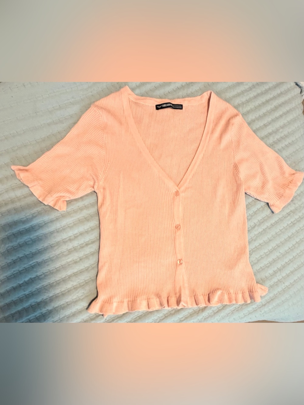 Ribbed V-Neck Button Cardigan in Peach